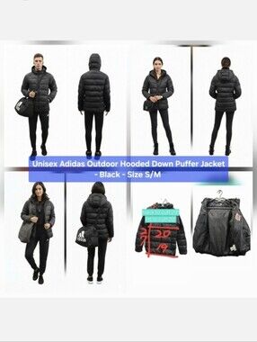 Unisex Adidas Outdoor Hooded Down Puffer Jacket - Black Size S/M